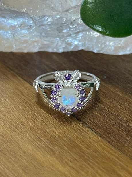 Rainbow Moonstone & Amethyst Claddagh Heart Silver Ring - Size 6