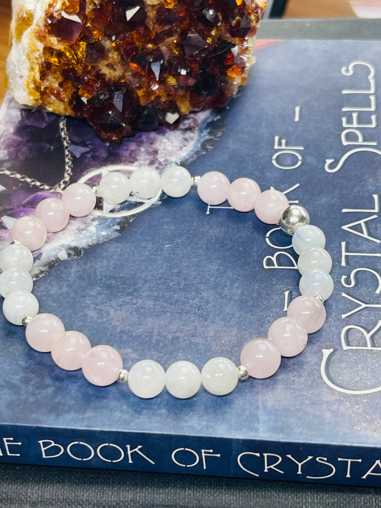 Rose Quartz and Rainbow Moonstone Silver Bracelet - Love. Calming. Protective.