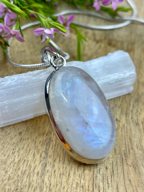 Moonstone Rainbow Pendant & Silver Chain #1 - Inner Peace & New Beginnings