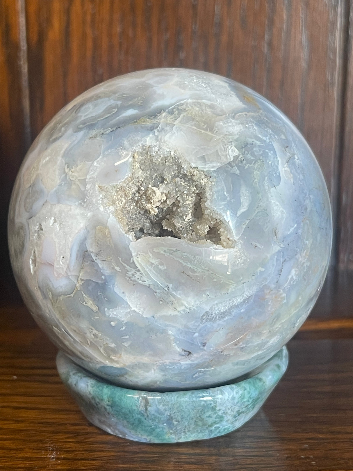 Moss Agate Sphere & Stand 559g 7.5cm - Grounding. Connection to Nature