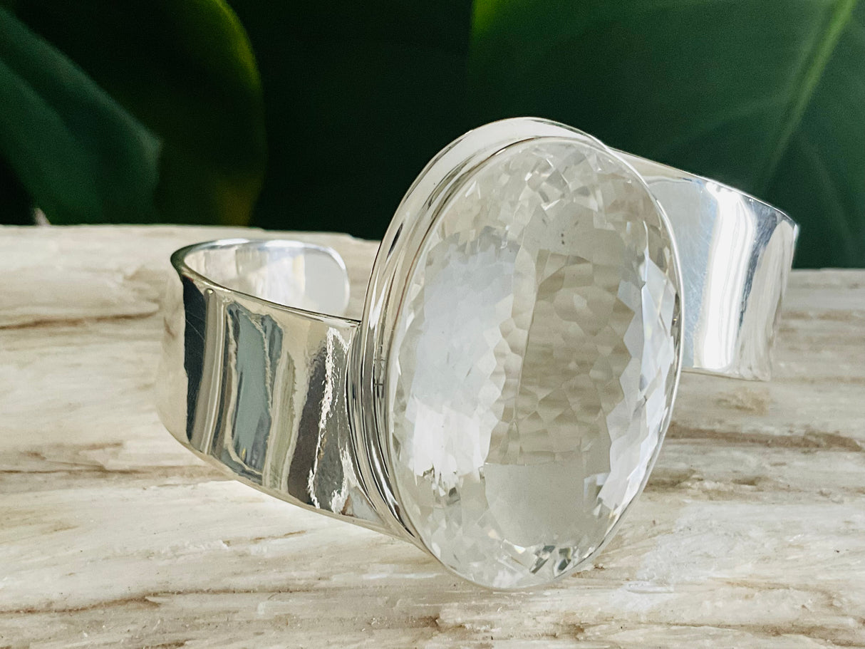 Clear Quartz Sterling Silver XL Bangle - Goddess Diana