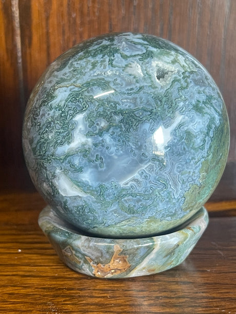 Moss Agate Sphere & Stand 400g 6.5cm - Grounding. Connection to Nature