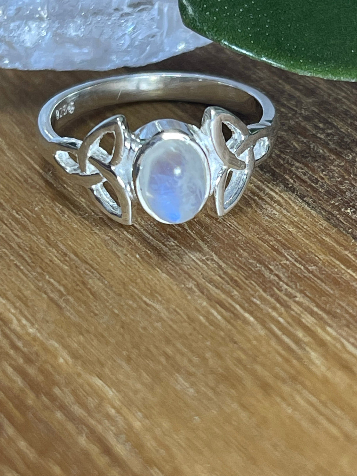 Rainbow Moonstone Triquetra Silver Ring - Size 7