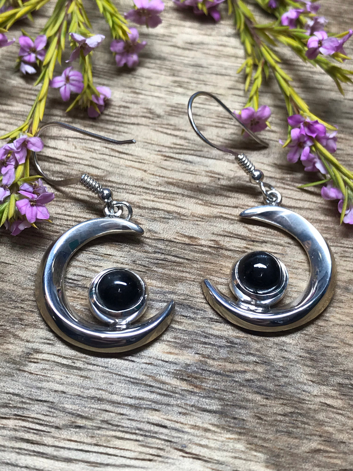 Star Sapphire Silver Moon Earrings - spiritual enlightenment. inner peace