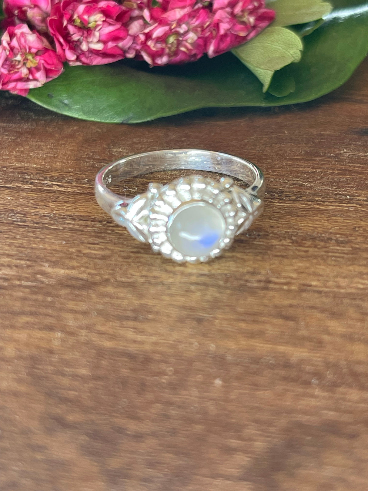 Moonstone Rainbow Silver Ring Size 8 - Inner Peace & New Beginnings