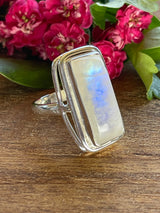 Moonstone Rainbow Silver Ring Size 8 - Inner Peace & New Beginnings