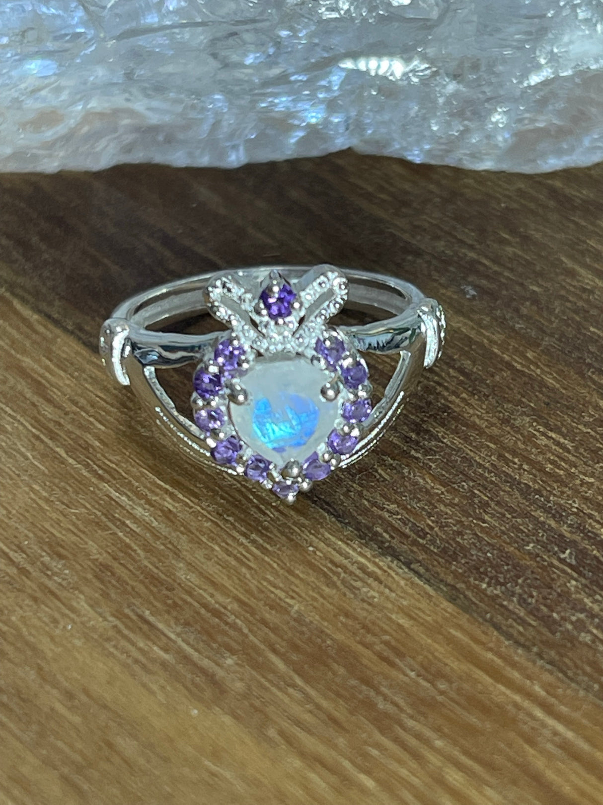 Rainbow Moonstone & Amethyst Claddagh Heart Silver Ring - Size 6