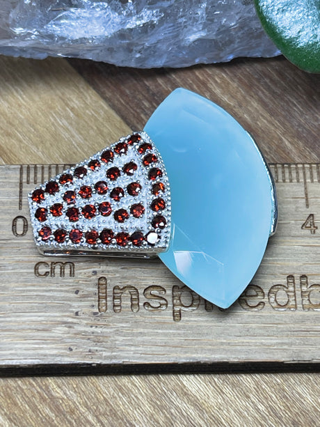 Blue Chalcedony & Garnet Silver Pendant - Communication. Clarity. Mental Health. Grounding