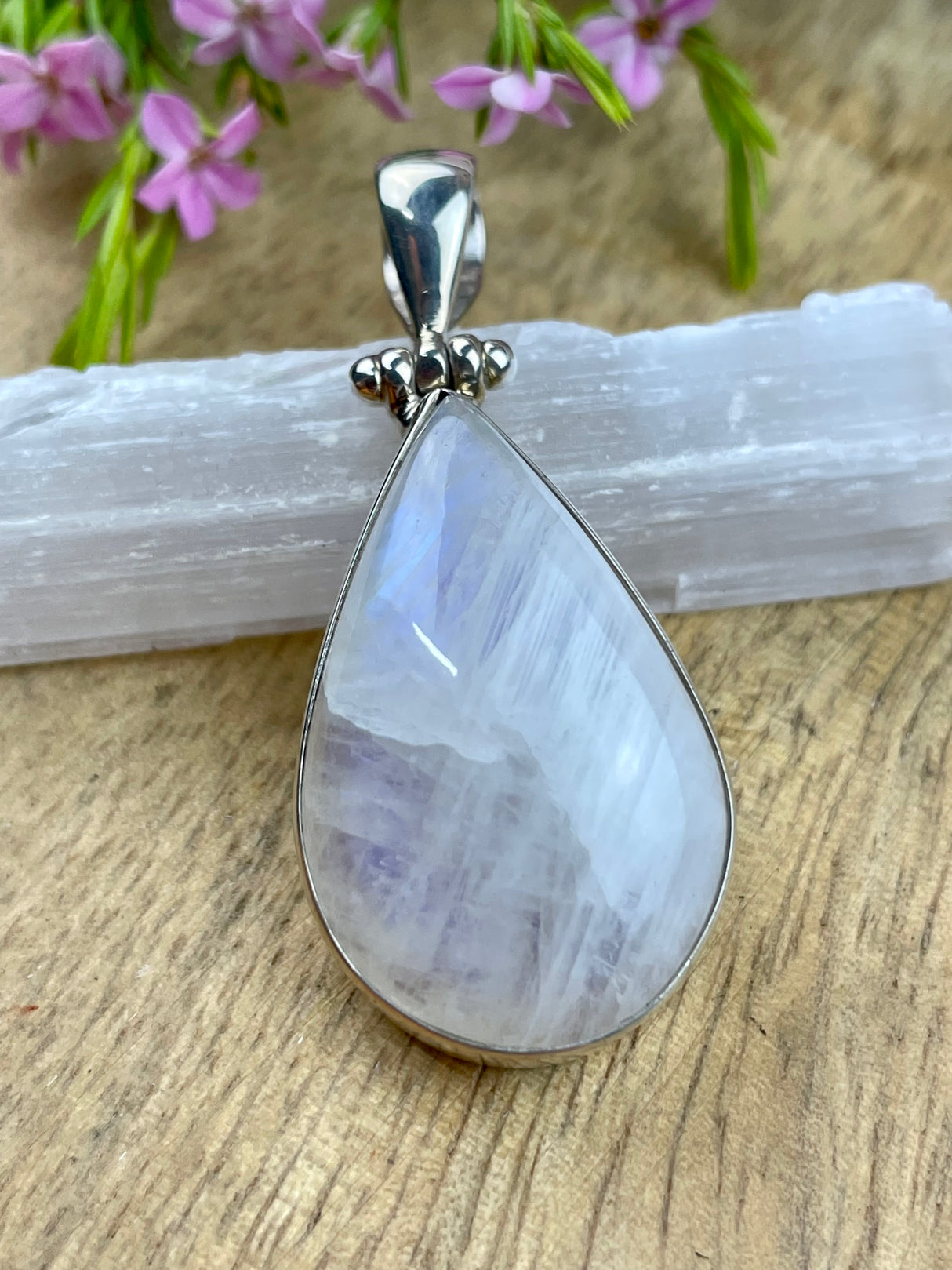 Moonstone Rainbow Pendant & Silver Chain #4 - Inner Peace & New Beginnings