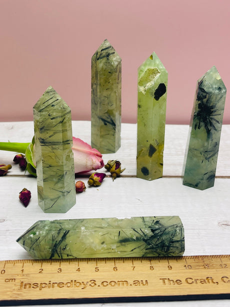 Prehnite, Epidote & Black Tourmaline Point - Spiritual Growth. Protection