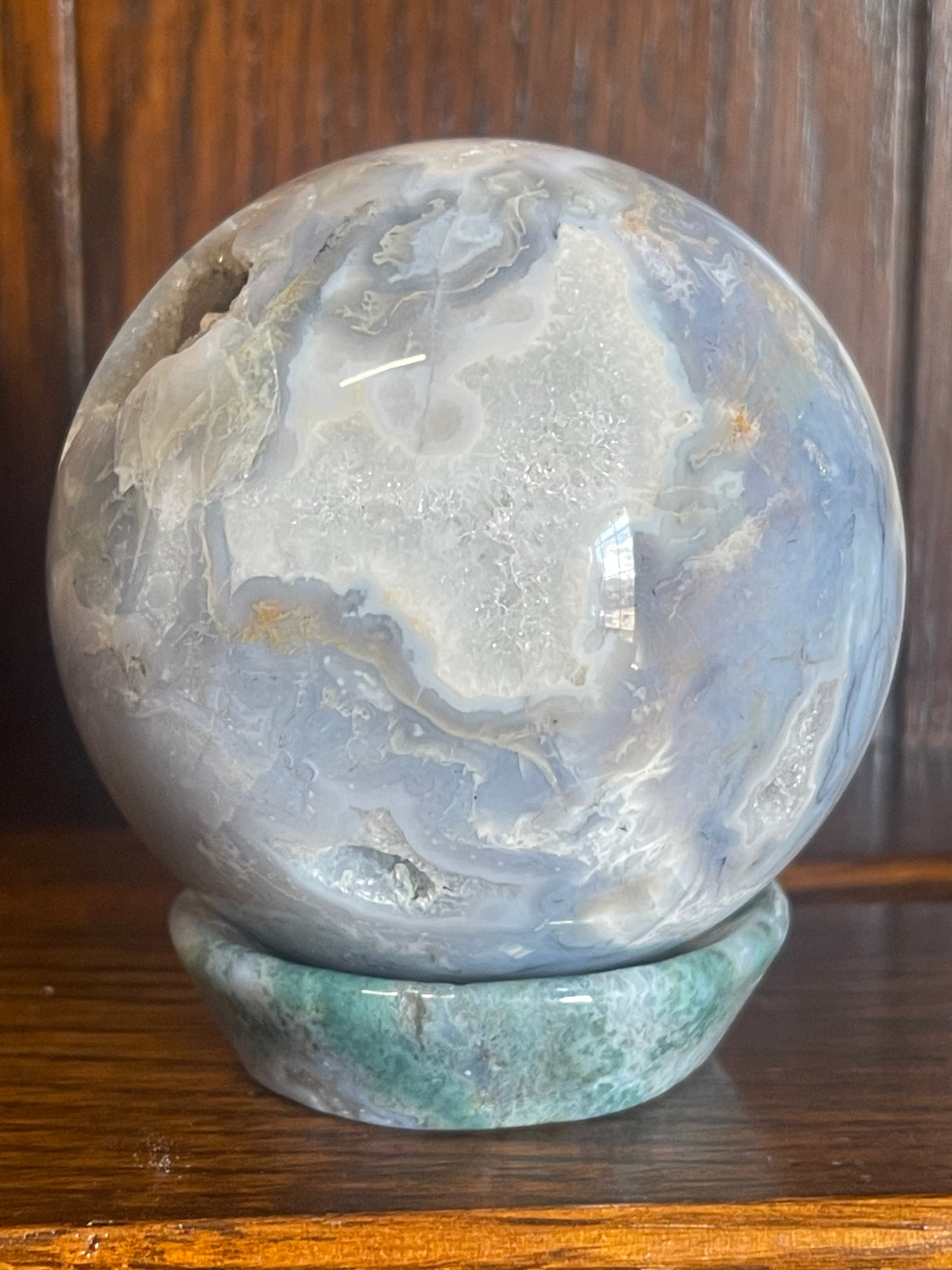 Moss Agate Sphere & Stand 559g 7.5cm - Grounding. Connection to Nature