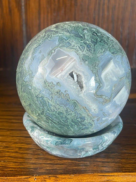 Moss Agate Sphere & Stand 315g 6cm - Grounding. Connection to Nature