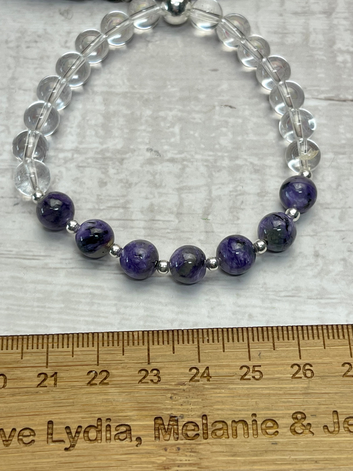 Charoite and Clear Quartz Silver Bracelet- Healing. Negativity. Protection.