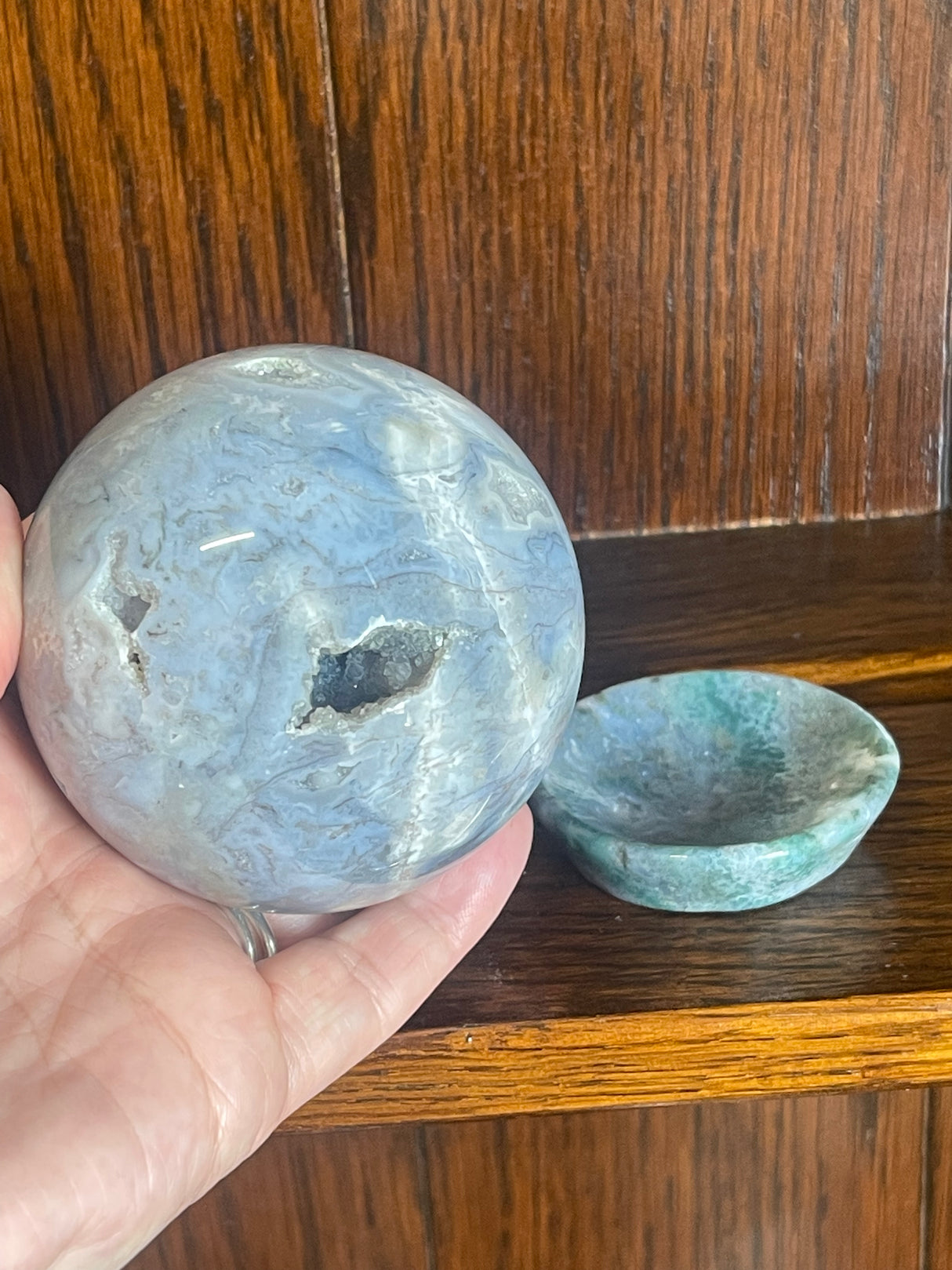 Moss Agate Sphere & Stand 559g 7.5cm - Grounding. Connection to Nature