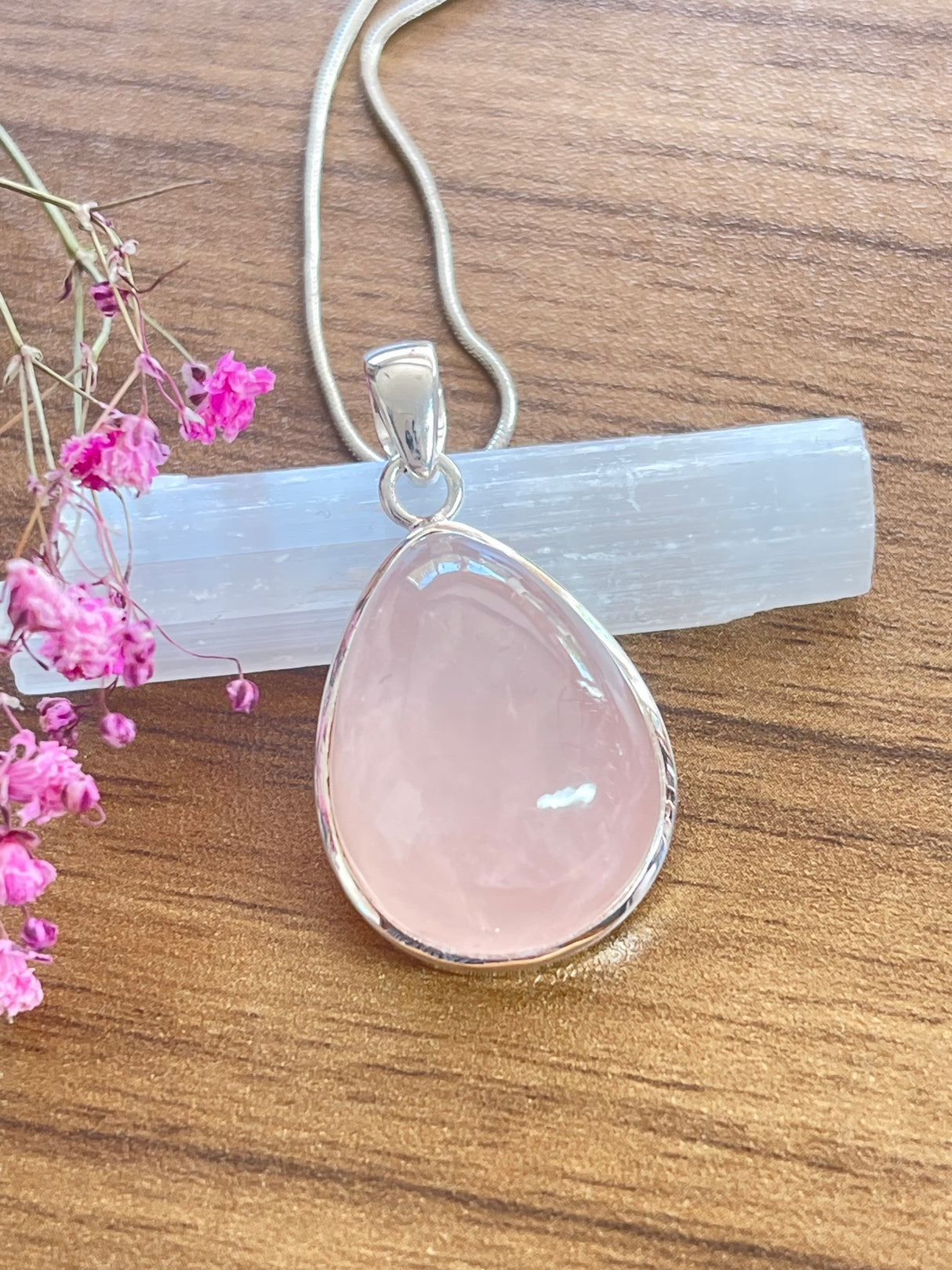 Rose Quartz Large Silver Pendant & Chain