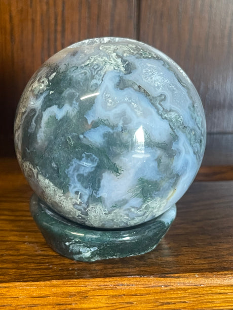 Moss Agate Sphere & Stand 433g 7cm - Grounding. Connection to Nature