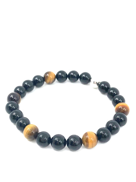 Tiger Eye & Black Tourmaline  Silver Bracelet - Protection & Strength